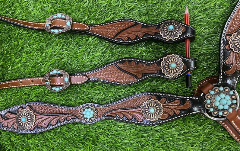 Showman 2 toned tooled headstall with breast collar turquoise conchos - Lazy L Ranch Co.