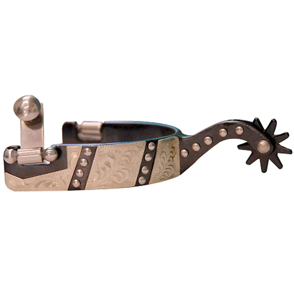 Mens Western Black Steel Spurs w/ Engraved Overlay and Dots