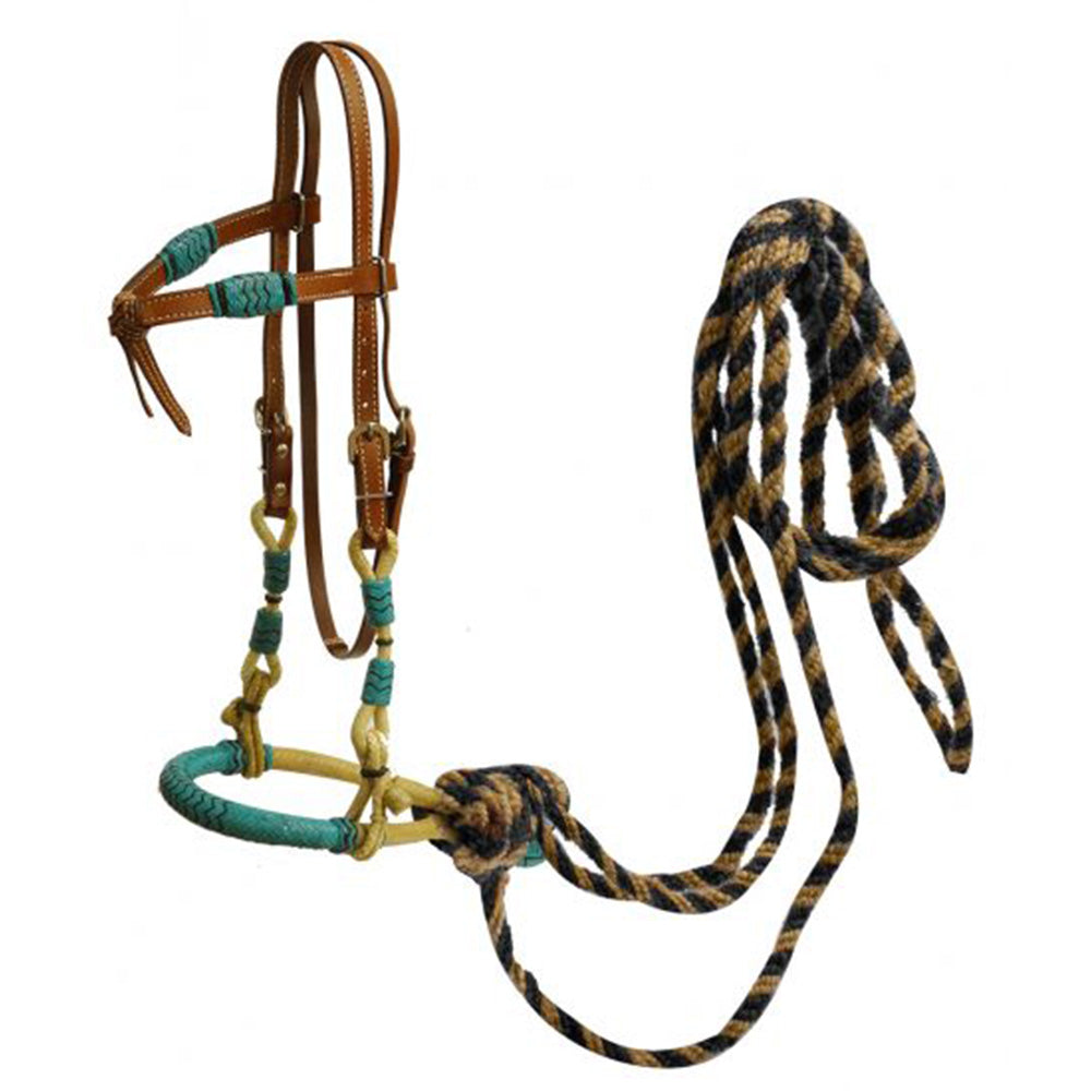 Showman leather futurity knot headstall with teal rawhide bosal and horse hair mecate reins