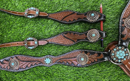 Showman 2 toned tooled headstall with breast collar turquoise conchos - Lazy L Ranch Co.