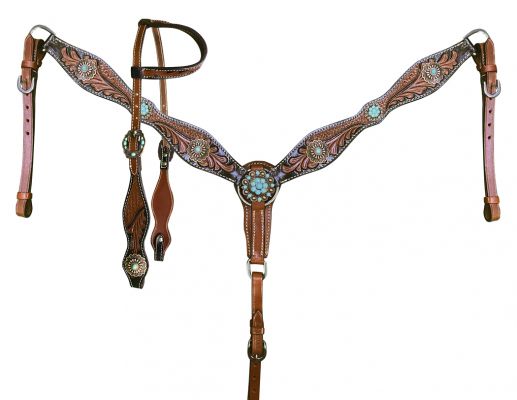 Showman 2 toned tooled headstall with breast collar turquoise conchos - Lazy L Ranch Co.