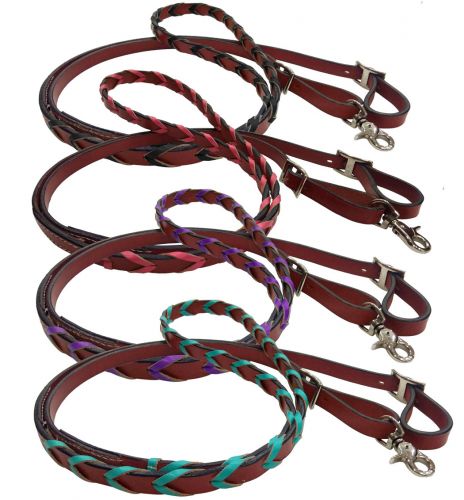 Showman 8ft leather braided rein with colored lacing - Lazy L Ranch Co.