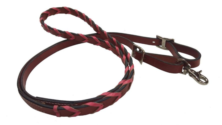 Showman 8ft leather braided rein with colored lacing