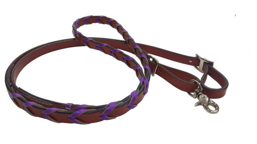 Showman 8ft leather braided rein with colored lacing