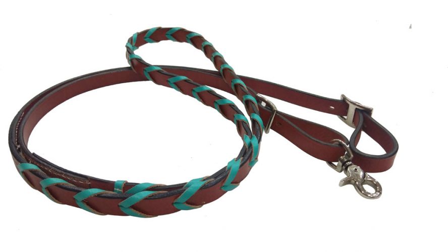 Showman 8ft leather braided rein with colored lacing