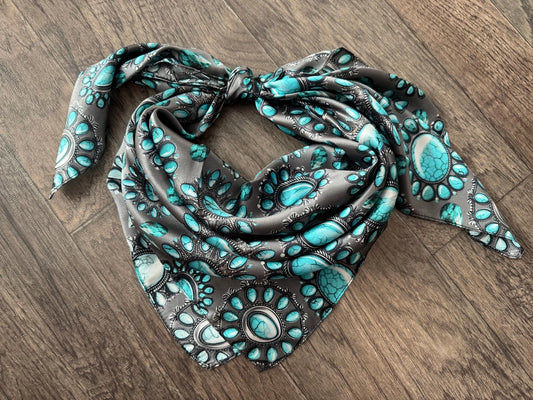 100% Silk Wild Rag Turquoise and Silver jewels and stones on charcoal grey by Double B Wild Rags - Lazy L Ranch Co.