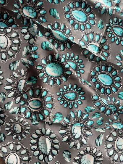 100% Silk Wild Rag Turquoise and Silver jewels and stones on charcoal grey by Double B Wild Rags - Lazy L Ranch Co.