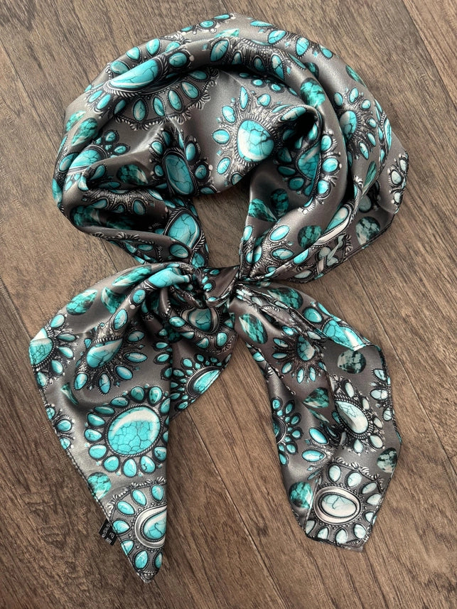 100% Silk Wild Rag Turquoise and Silver jewels and stones on charcoal grey by Double B Wild Rags