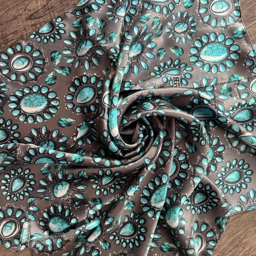 100% Silk Wild Rag Turquoise and Silver jewels and stones on charcoal grey by Double B Wild Rags - Lazy L Ranch Co.