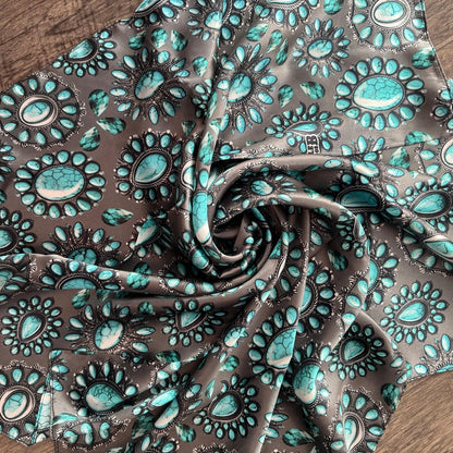 100% Silk Wild Rag Turquoise and Silver jewels and stones on charcoal grey by Double B Wild Rags - Lazy L Ranch Co.