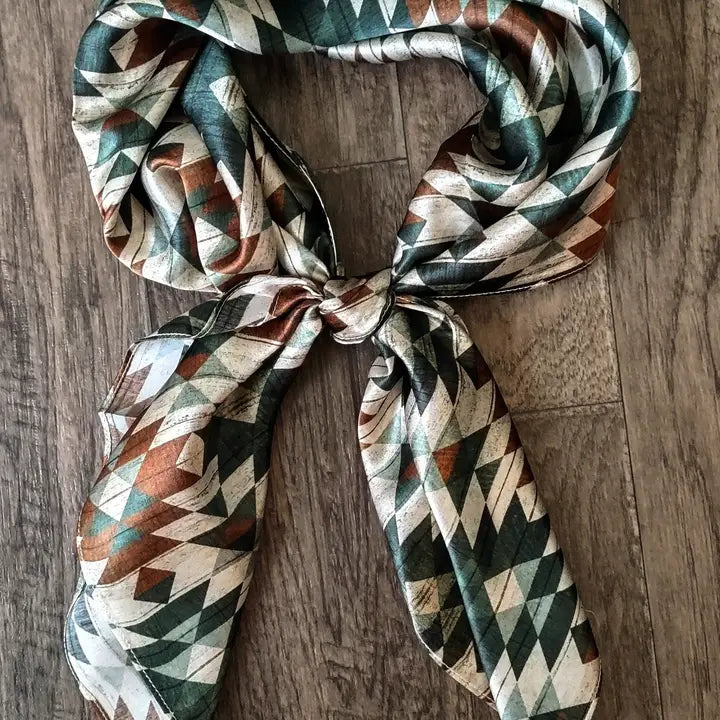 Wild Rag 100% SILK Green and Brown Distressed Aztec Cowboy Western Neck Scarf Bandanna