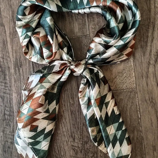 Wild Rag 100% SILK Green and Brown Distressed Aztec Cowboy Western Neck Scarf Bandanna - Lazy L Ranch Co.