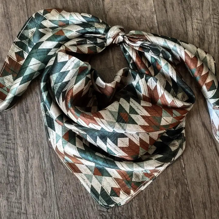 Wild Rag 100% SILK Green and Brown Distressed Aztec Cowboy Western Neck Scarf Bandanna - Lazy L Ranch Co.