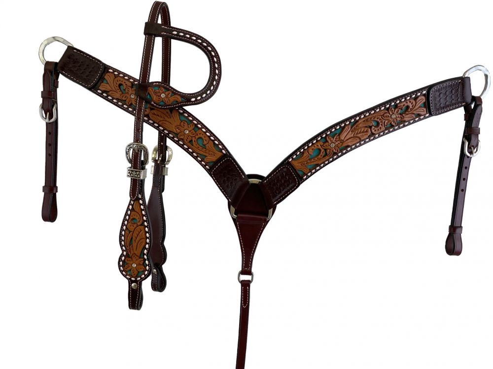 Floral Tooled headstall, reins and breast collar set- turquoise