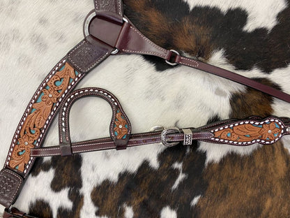 Floral Tooled headstall, reins and breast collar set- turquoise - Lazy L Ranch Co.