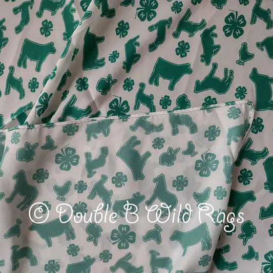 WILD RAG  4-H White with Green show animals and clover emblem Cowboy Western Neck Scarf Bandanna by Double B Wild Rags 4H - Lazy L Ranch Co.