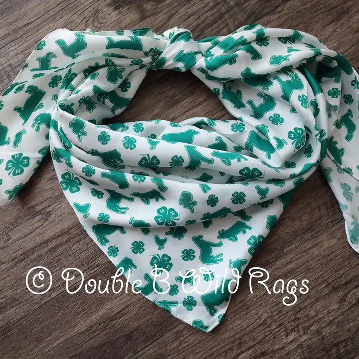WILD RAG  4-H White with Green show animals and clover emblem Cowboy Western Neck Scarf Bandanna by Double B Wild Rags 4H - Lazy L Ranch Co.