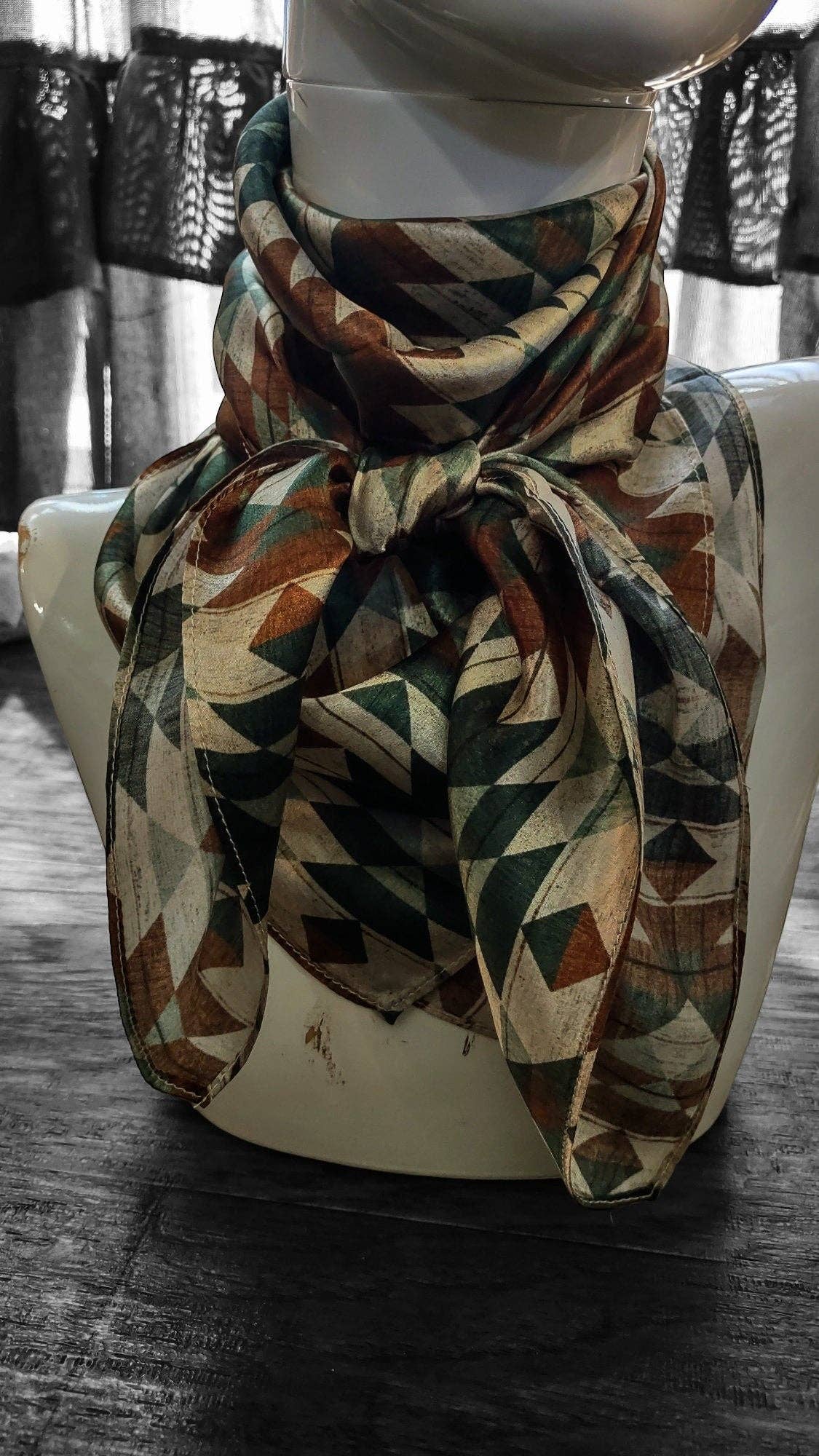 Wild Rag 100% SILK Green and Brown Distressed Aztec Cowboy Western Neck Scarf Bandanna - Lazy L Ranch Co.