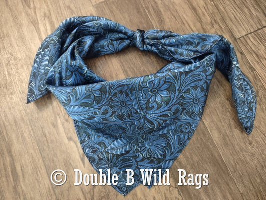 Wild Rag 100% Silk Royal Blue Tooled Leather Cowboy Western Neck Scarf Bandanna by Double B Wild Rags - Lazy L Ranch Co.